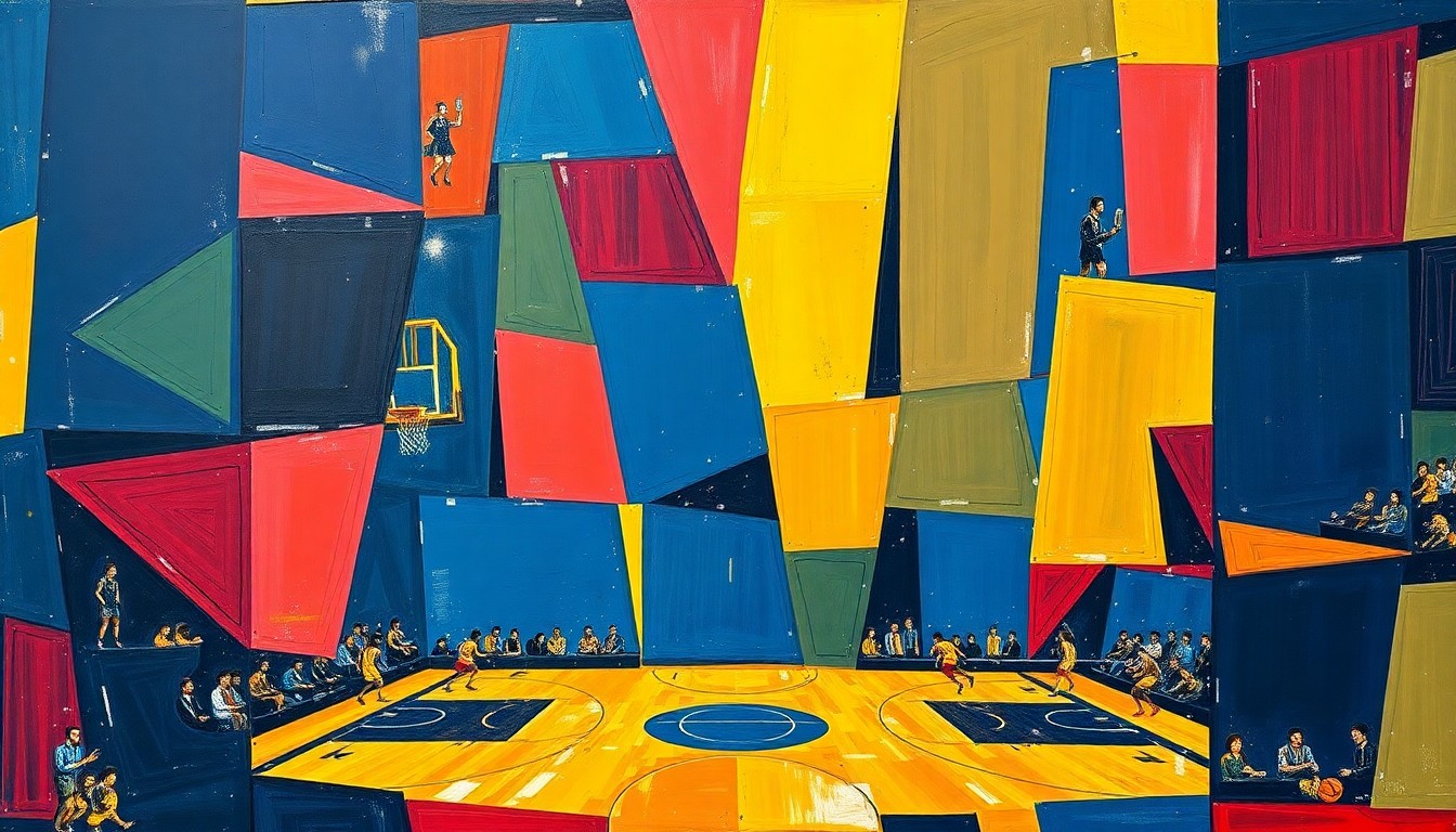 A cubist-style painting featuring fragmented, geometric shapes in navy, crimson, and gold, representing the complex dynamics surrounding Kawhi Leonard's future with the Los Angeles Clippers.