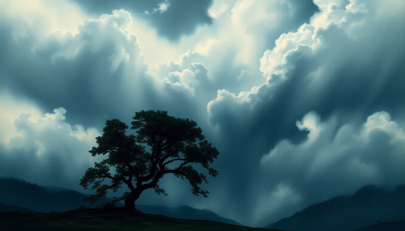 A dramatic landscape painting in muted tones of gray, blue, and green, with a lone tree in the foreground silhouetted against a turbulent, stormy sky filled with swirling clouds and heavy rain, conveying the overwhelming power of nature.