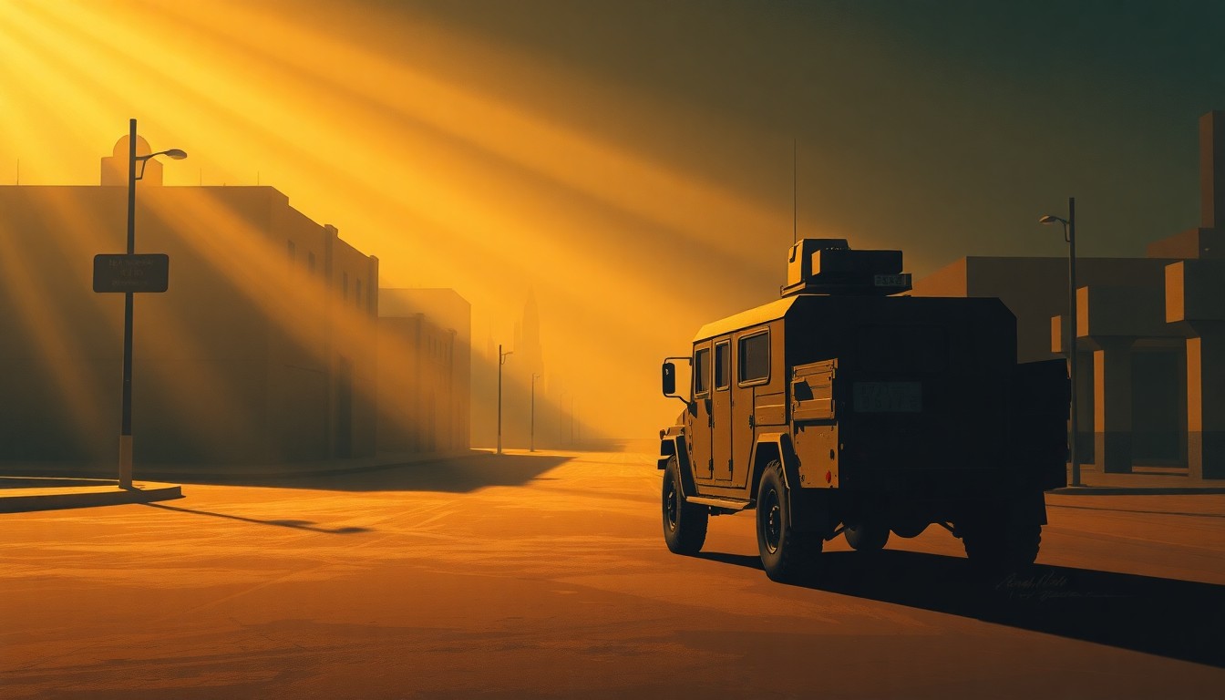 A serene, photorealistic painting of a military vehicle or checkpoint in a Middle Eastern city, with warm sunlight casting long shadows across the scene, conveying a sense of quiet contemplation and uncertainty.