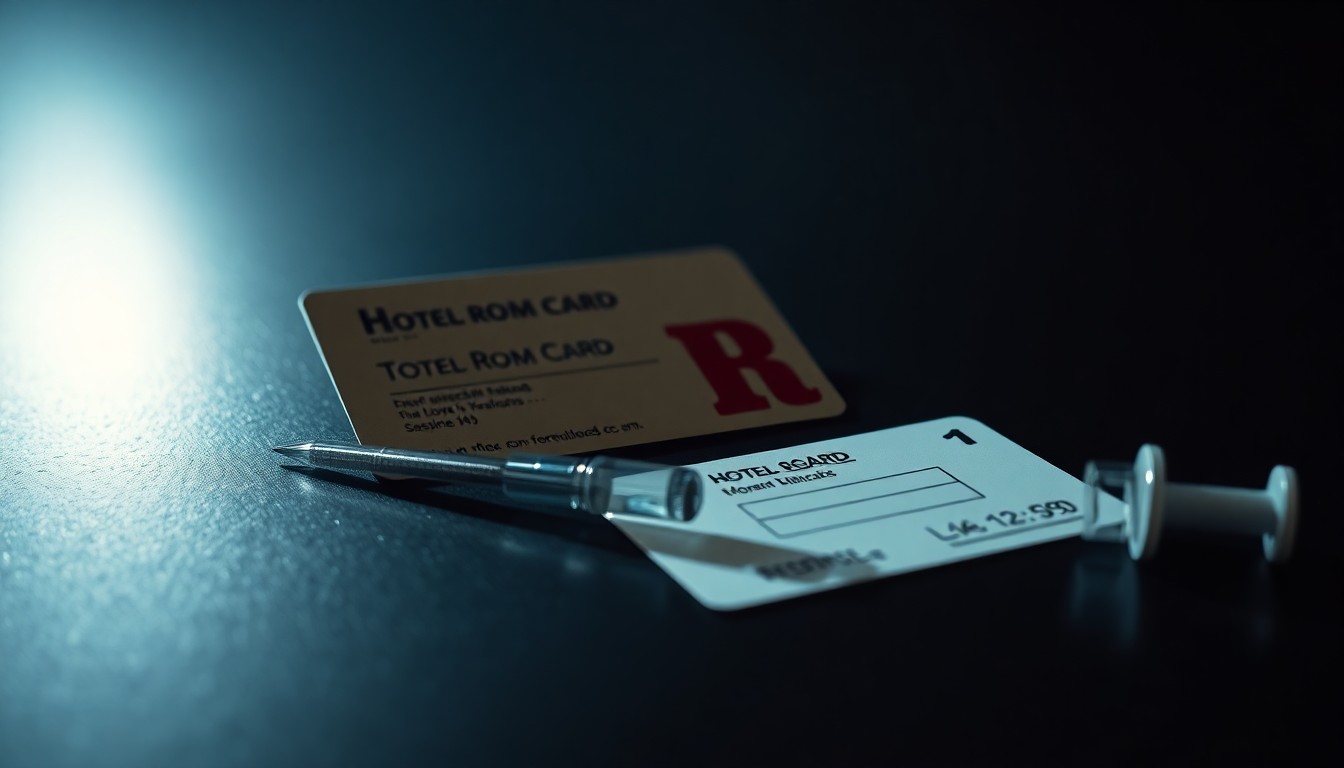 An extreme close-up photograph of a hotel room key card and a hypodermic needle on a dark surface, creating a stark, gritty, investigative aesthetic through the use of harsh, direct flash lighting.