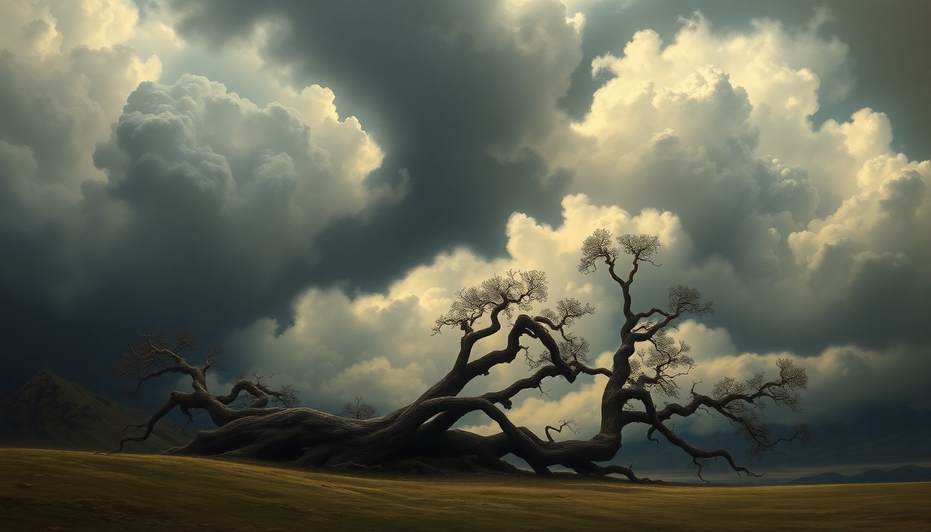 A sweeping, atmospheric landscape painting depicting a massive fallen oak tree in the foreground, its twisted branches and trunk partially obscured by dramatic, swirling clouds in the sky above.