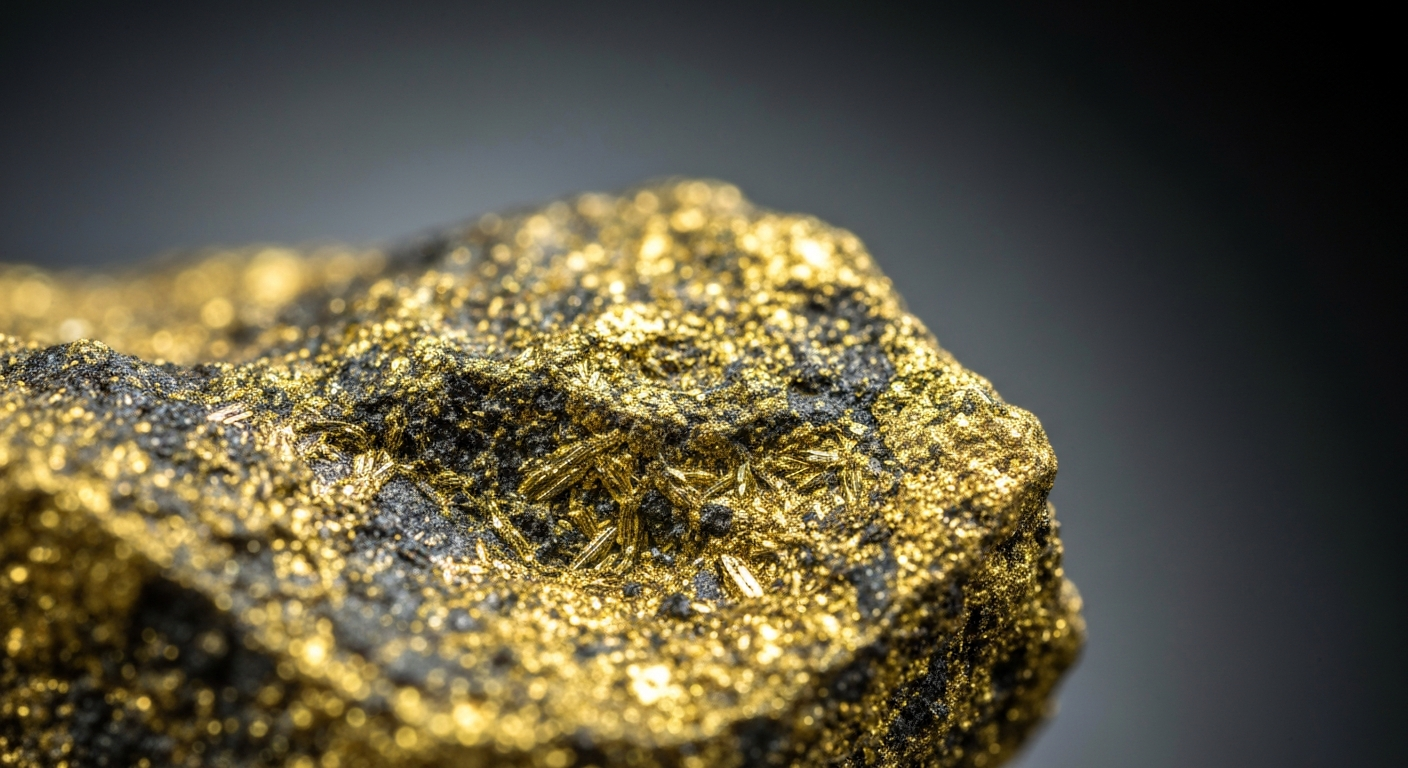 An extreme close-up of a gold ore sample with a rich, metallic sheen and intricate textures, conceptually representing the financial potential of the company's mining operations.