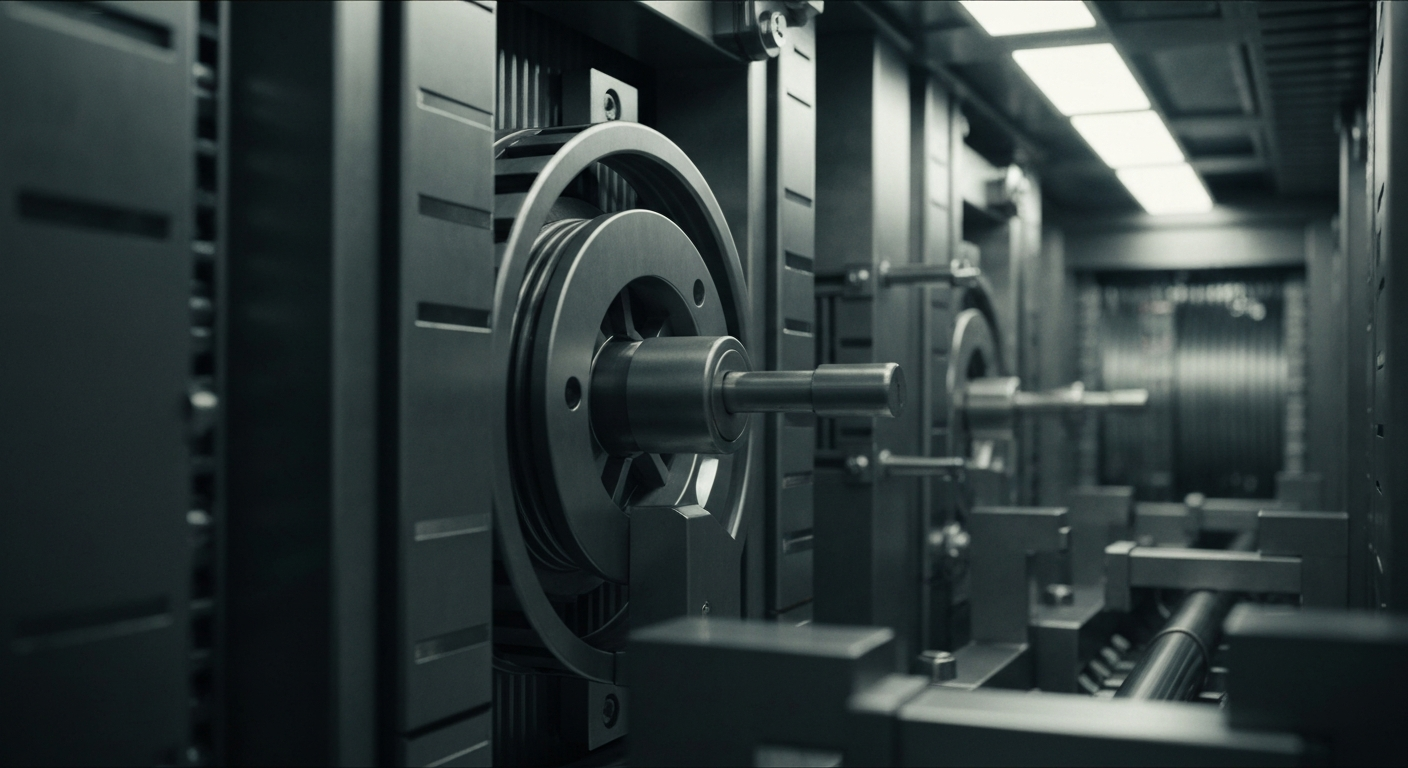An extreme close-up of the intricate gears, levers, and metal components of a large, industrial banking machine, conveying a sense of the complex financial infrastructure that powers the modern economy.