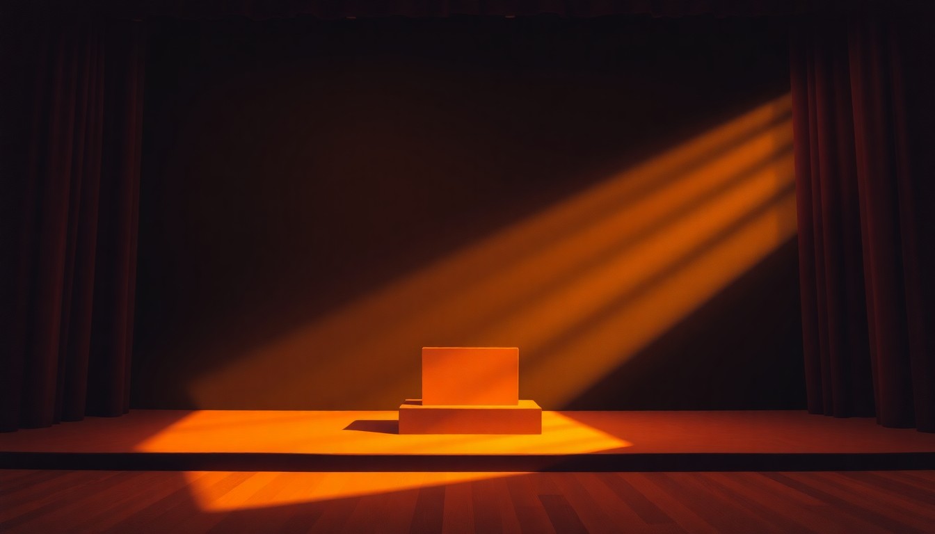 A serene, cinematic painting depicting a solitary podium on a stage, with warm sunlight casting deep shadows across the scene, conveying a sense of political nostalgia and the lasting impact of the former president's rallies.