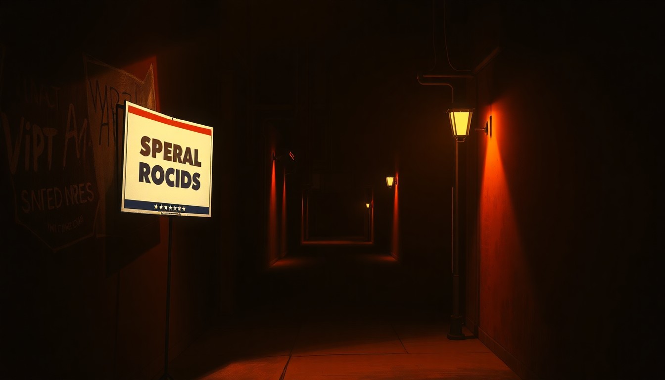A moody, realistic painting of a lone campaign sign or poster in an urban alleyway, the warm light and deep shadows creating a contemplative, cinematic mood that reflects the political shifts underway in the city.