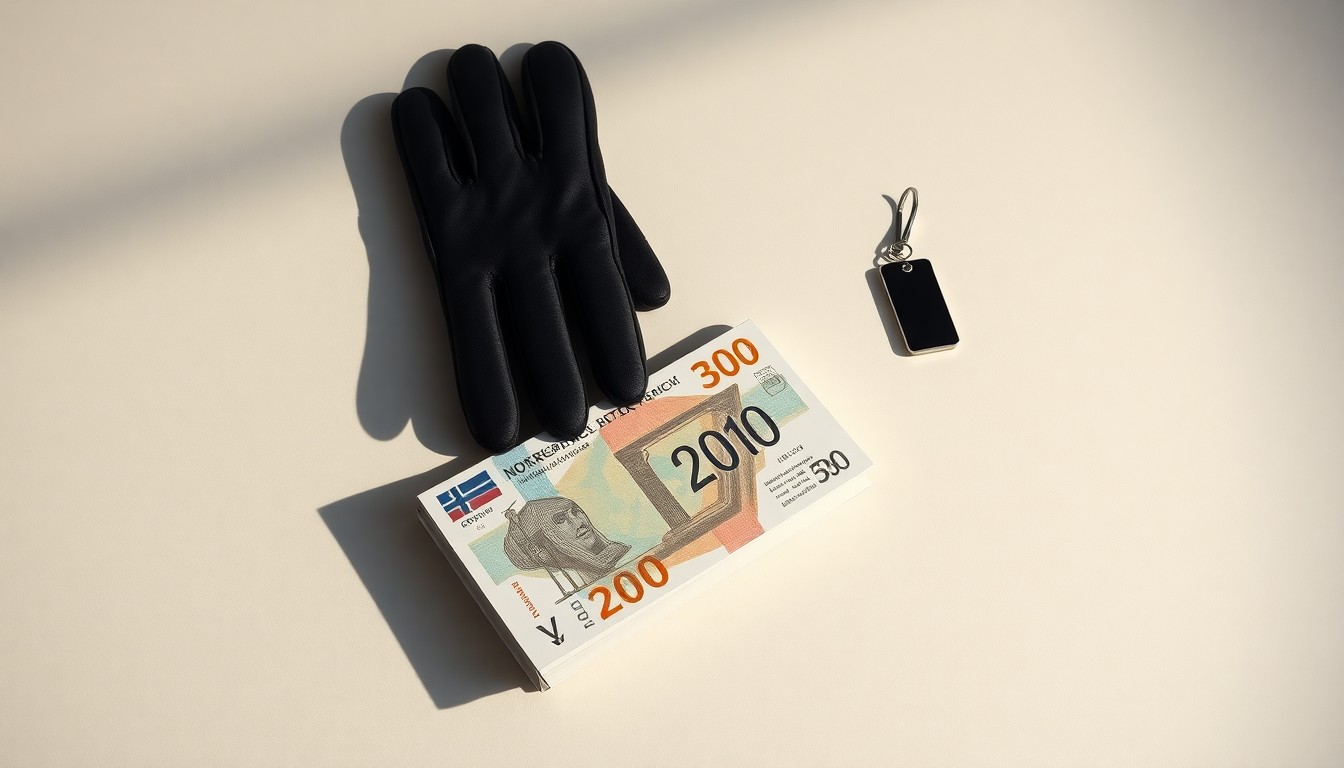 A high-end, photorealistic studio still-life photograph featuring a stack of Norwegian Kroner banknotes, a hotel room key card, and a pair of work gloves arranged elegantly on a clean, monochromatic background, conceptually representing the financial challenges facing the hospitality industry.