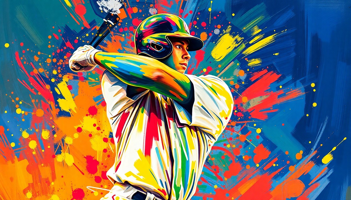 An abstract, expressionist painting featuring bold, vibrant brushstrokes in neon colors that capture the dynamic motion and energy of a baseball player, with the player's features and details dissolving into a blur of color.