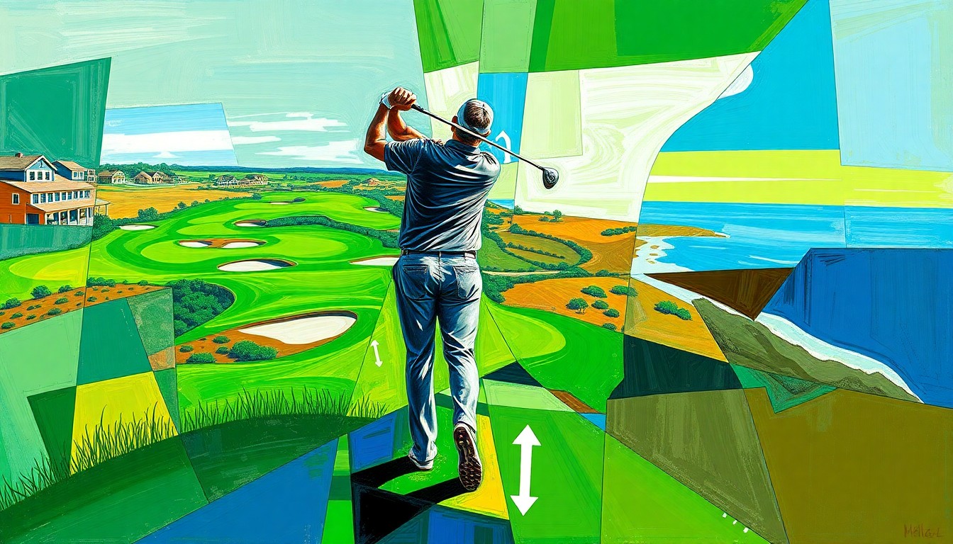 A cubist-style painting depicting a golfer's swing and the Harbour Town Golf Links course in a fractured, multi-perspective style, with sharp geometric planes in vibrant greens, blues, and browns.