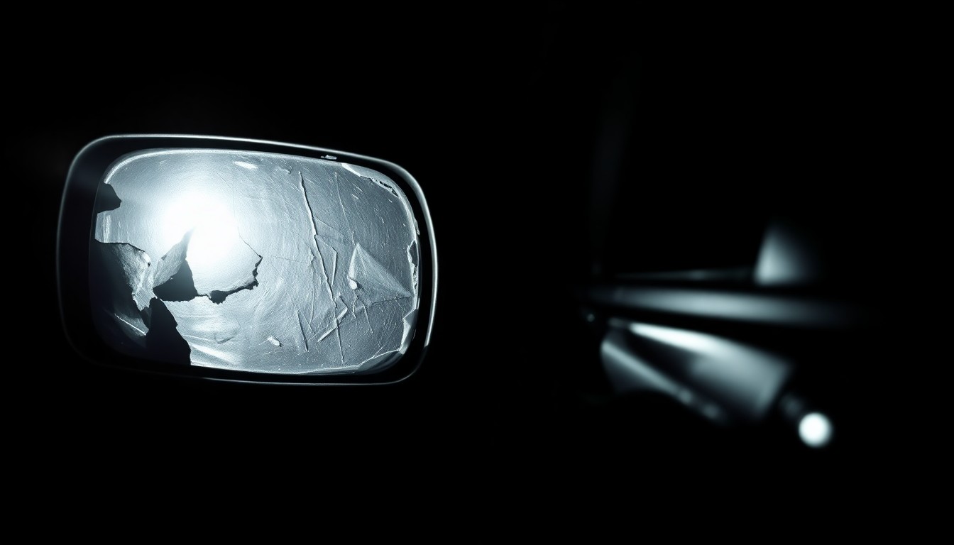 An extreme close-up photograph of a damaged car side mirror, the harsh flash lighting creating a gritty, investigative aesthetic that conceptually represents the aftermath of the accident.