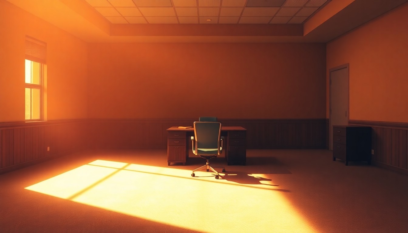 A quiet, cinematic painting of a solitary government office interior with a desk and chair, bathed in warm, diagonal sunlight and deep shadows, conceptually representing the complex ethical issues surrounding a former president suing his own government.