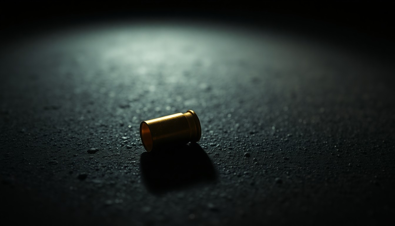 An extreme close-up photograph of a single spent shell casing on a dark, textured surface, conceptually illustrating the aftermath of a shooting incident.