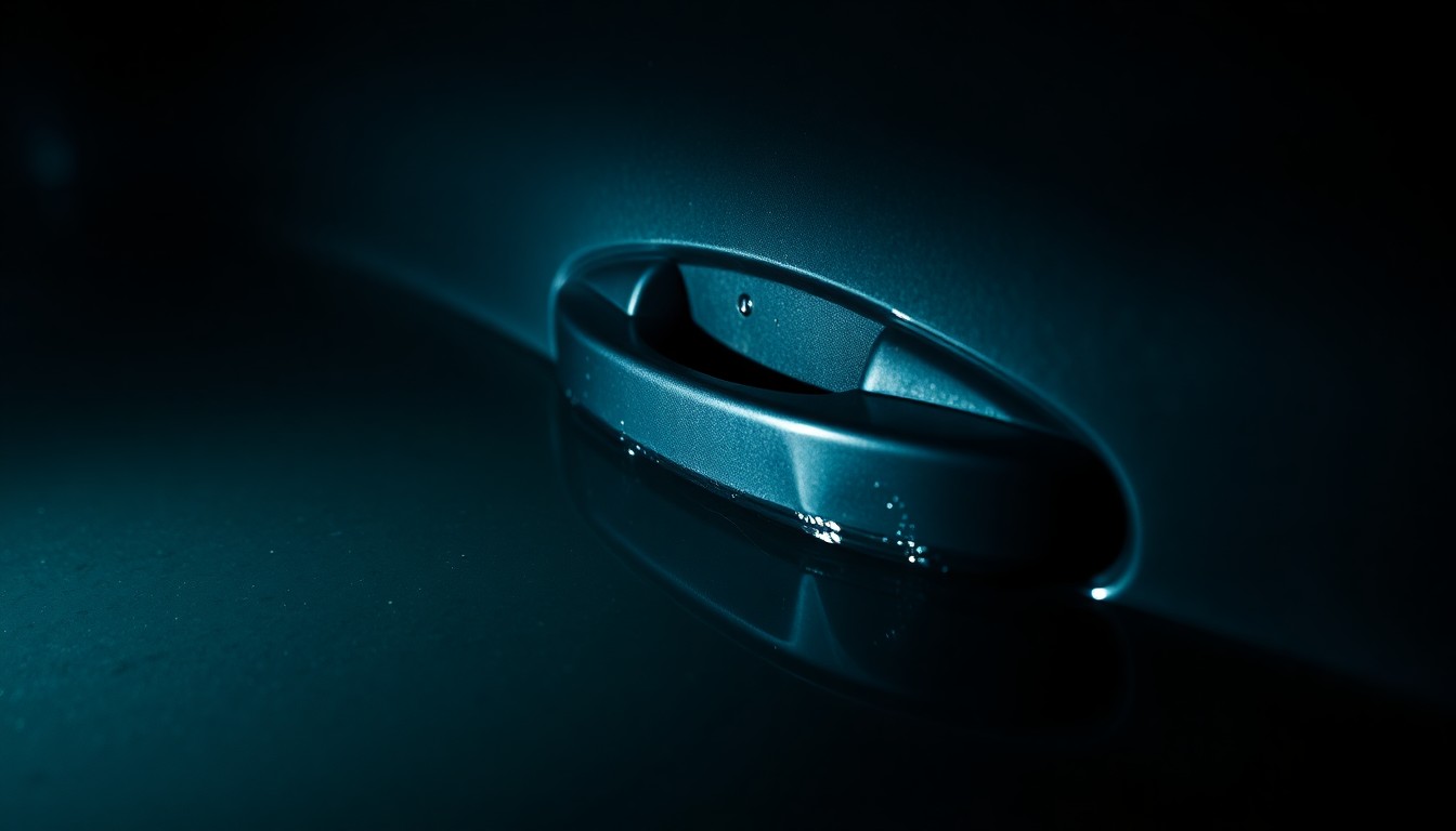 An extreme close-up photograph of a car door handle pulled from a pond, with harsh, direct lighting creating a stark, gritty, investigative aesthetic that conceptually represents the uncertainty surrounding this police investigation.