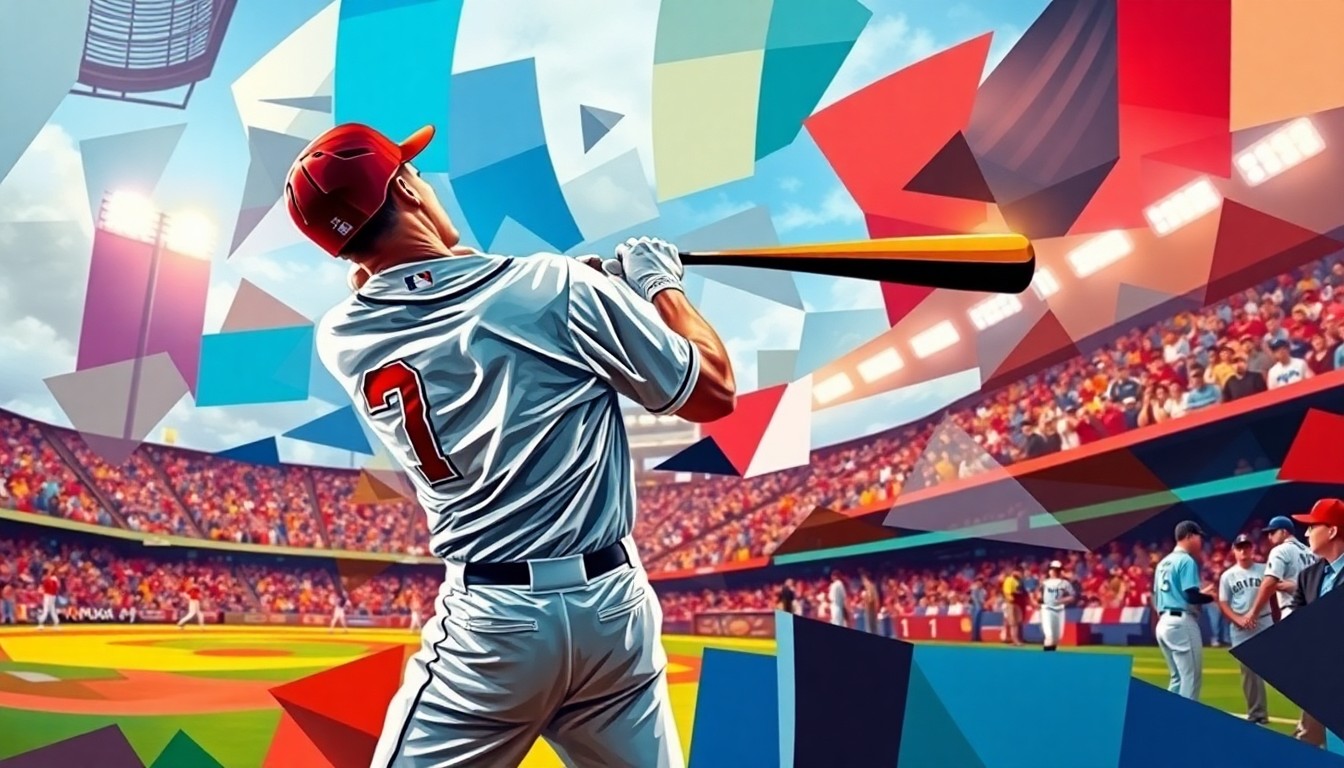 A cubist, geometric painting depicting the explosive energy of a baseball player hitting a grand slam home run, with sharp, overlapping planes of color representing the player's motion and the ball's trajectory.