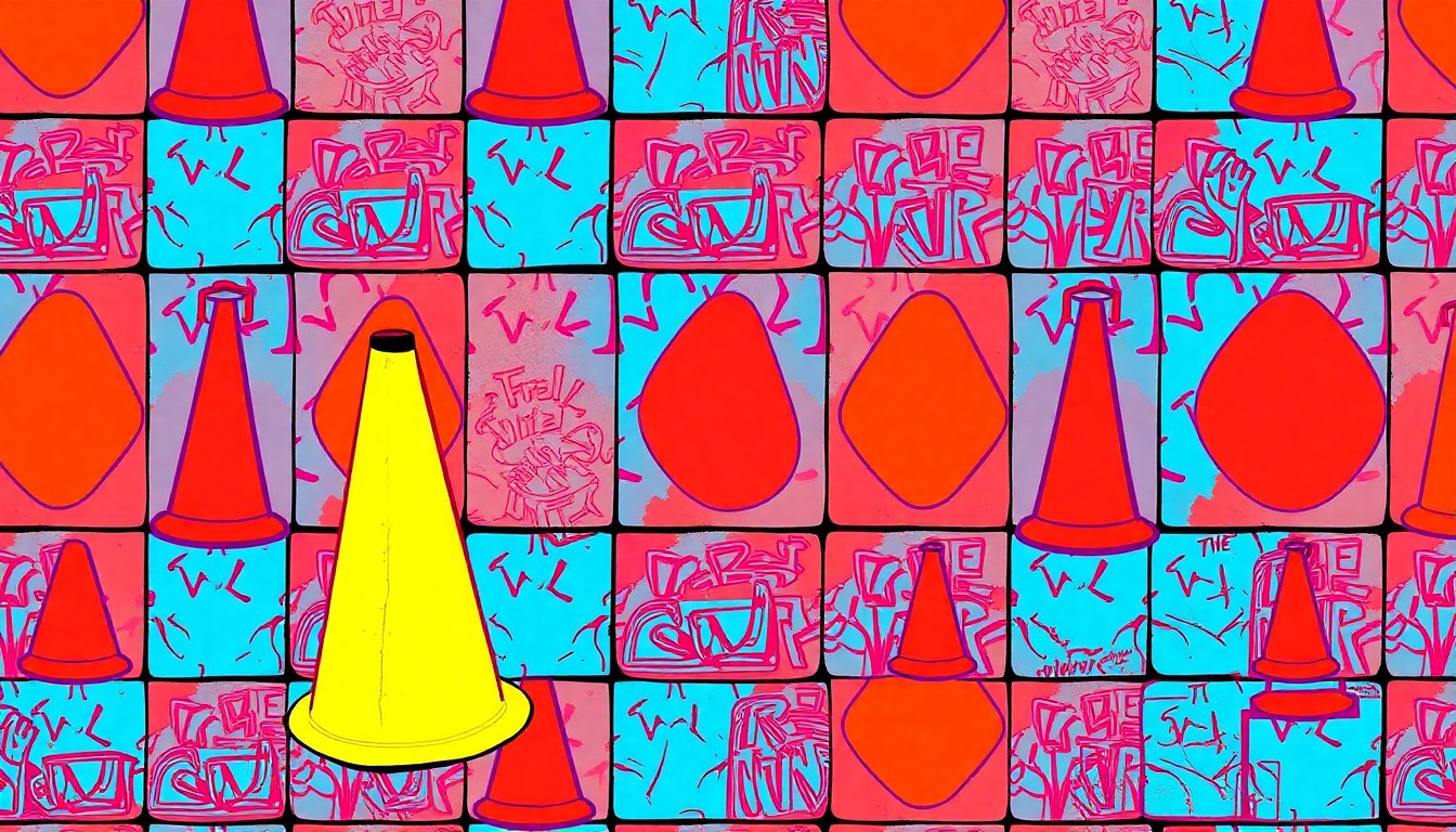 A high-contrast, silkscreen-style grid of a single, iconic urban object such as a traffic cone or graffiti-covered wall panel, rendered in a bold, neon color palette that captures the energy and creativity of the East 12th Street revitalization project in Oakland.