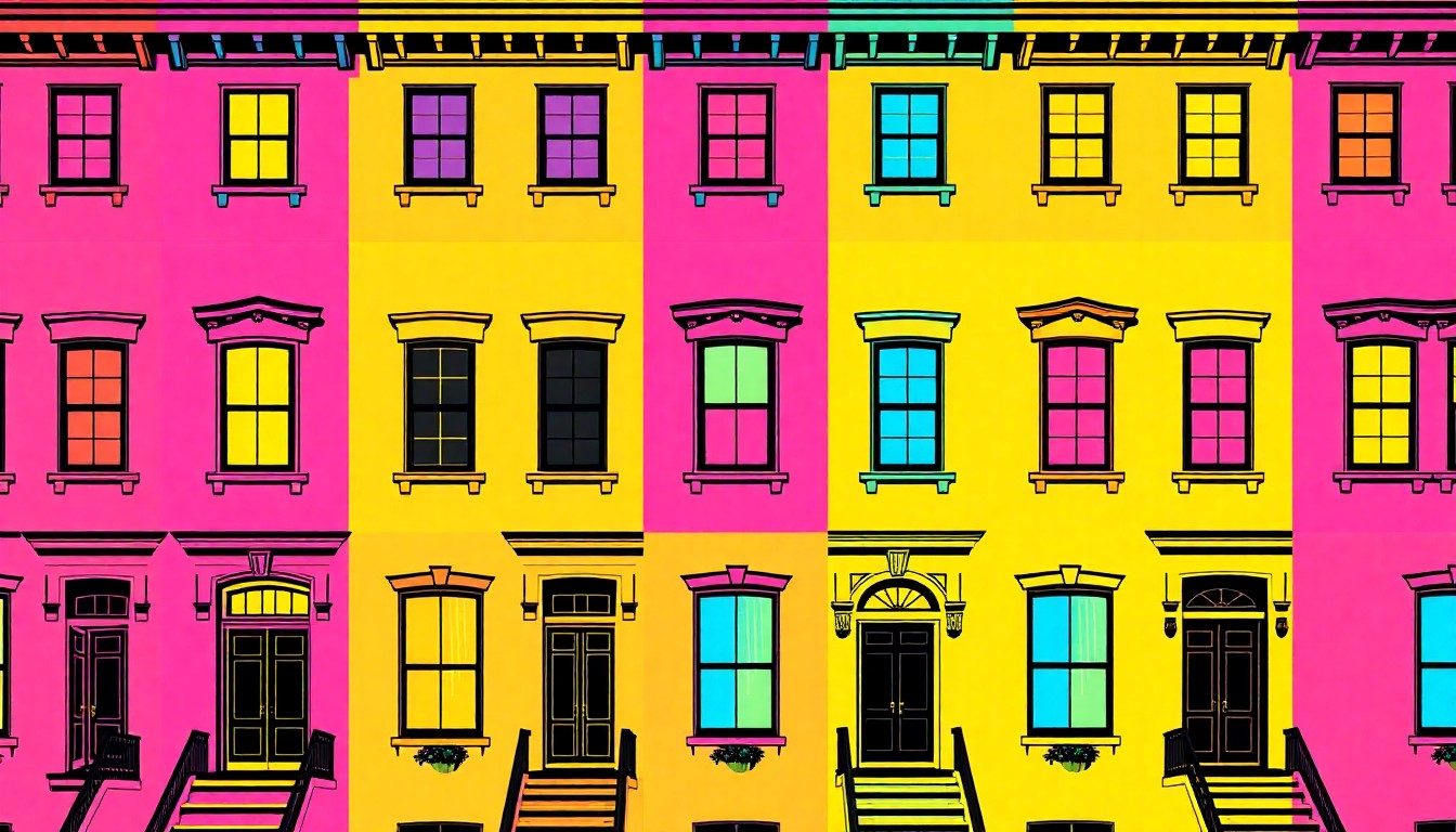 A highly stylized, abstract silkscreen print featuring a repeating pattern of a classic Boston townhouse facade in bold, neon-like colors, conceptually representing the unique character and desirability of this luxury property.