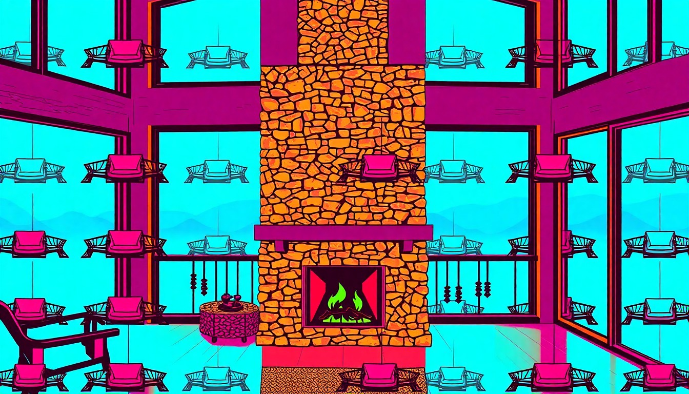 A brightly colored, abstract grid of a single luxury mountain home object, such as a panoramic window or stone fireplace, rendered in a vibrant, high-contrast pop art style to capture the exclusive and elevated nature of this rare real estate opportunity.