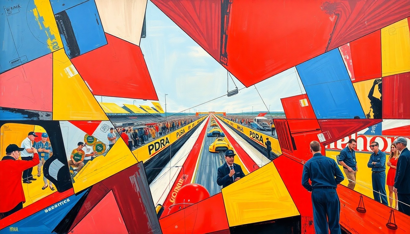 A fragmented, geometric painting in bold primary colors depicting the dynamic motion and energy of a PDRA drag racing competition.