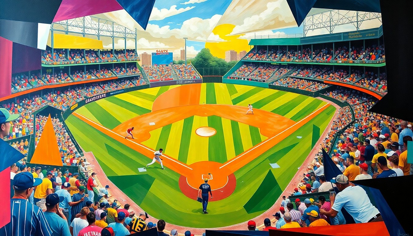 A dynamic, geometric painting in vibrant colors representing the competitive energy of a college baseball game, with overlapping planes and shapes conveying the back-and-forth action on the field.