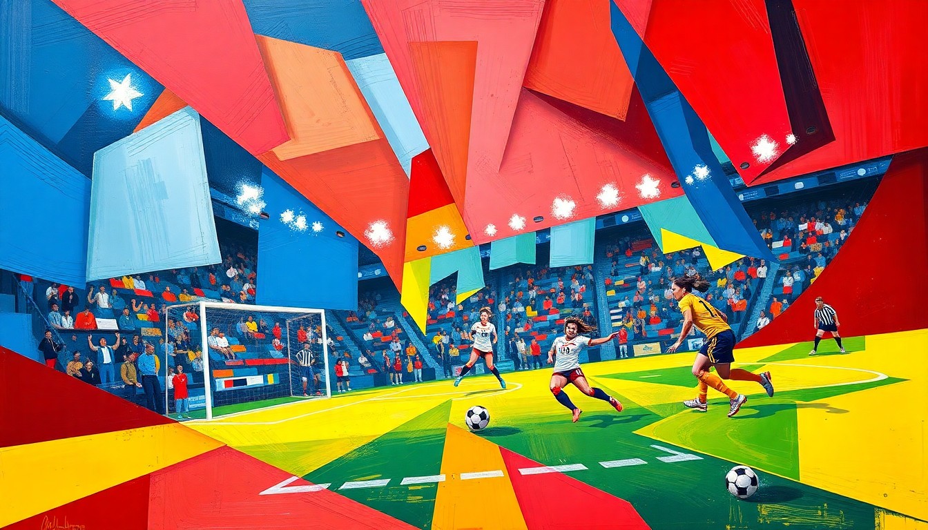 A cubist, geometric painting depicting a USWNT soccer match, with overlapping planes of color and shape representing the dynamic action on the field.
