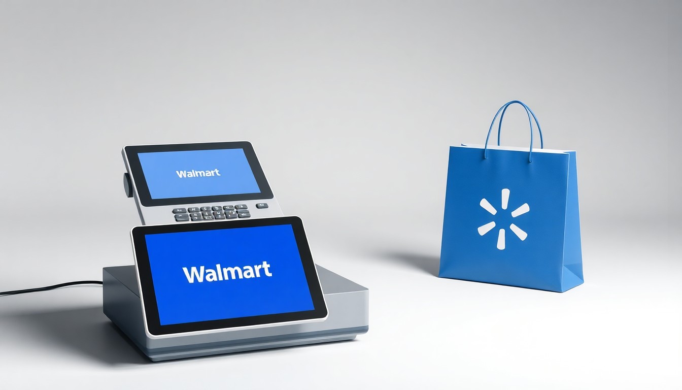 A high-end, photorealistic studio still-life photograph featuring a sleek, modern cash register, a tablet displaying Walmart's logo, and a stylized shopping bag in a muted color palette, conceptually representing Walmart's focus on modernizing its retail experience.