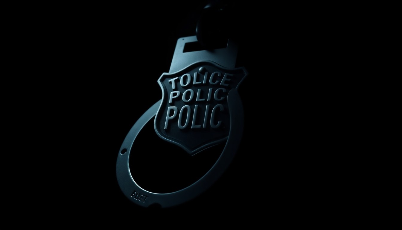 An extreme close-up photograph of a police badge or handcuffs lit by a harsh, direct camera flash against a pitch-black background, creating a stark, gritty, investigative aesthetic that conceptually represents the scrutiny on law enforcement tactics and conduct.