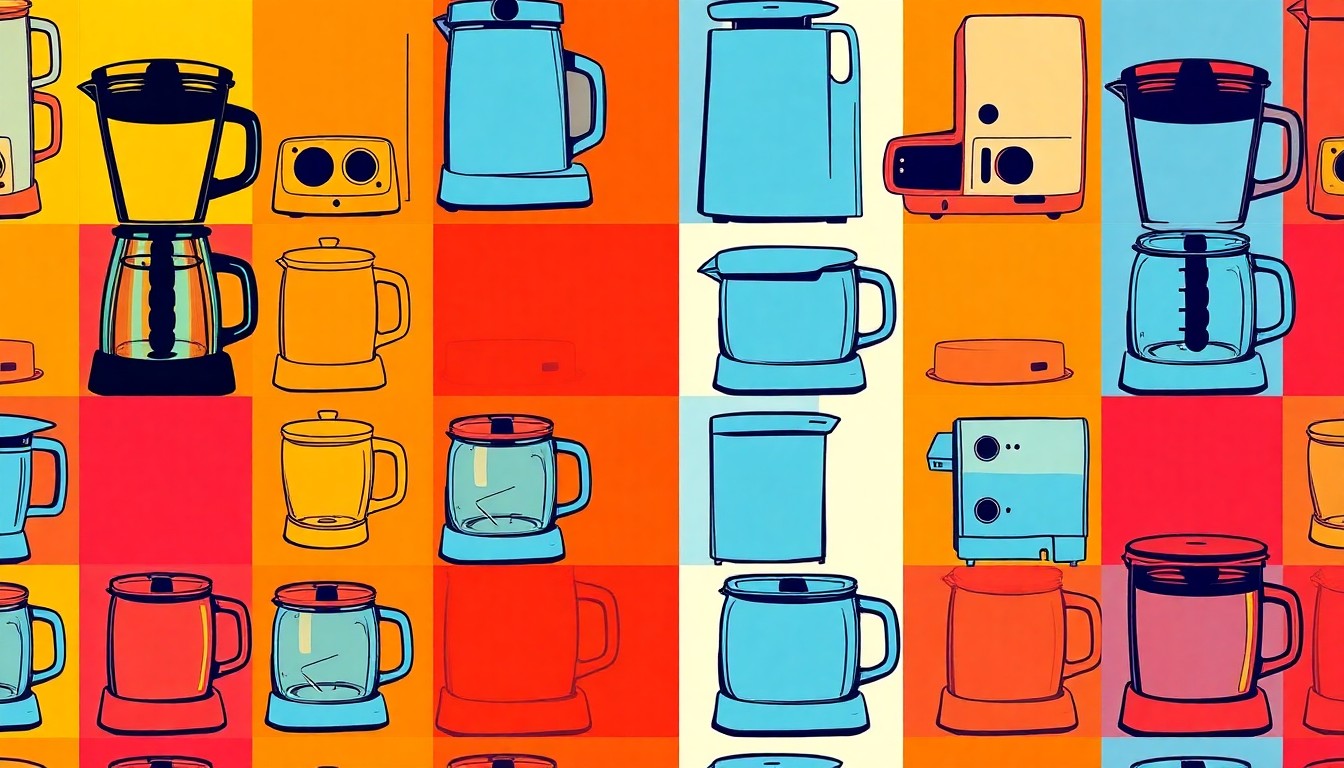 A brightly colored, high-contrast silkscreen print of a modern kitchen blender, repeated in a tight grid pattern with flat, unnatural neon colors and heavy black outlines, conceptually representing the lifestyle and design elements of the Pearl Mill Flats condo community.