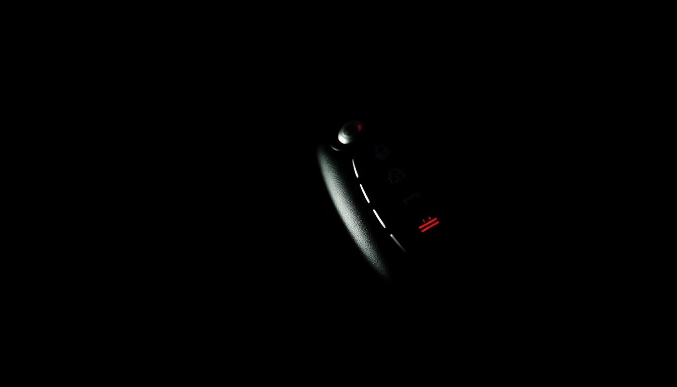 An extreme close-up photograph of a car key fob against a pitch-black background, the fob reflecting a faint red light, conceptually illustrating the theft of a vehicle.