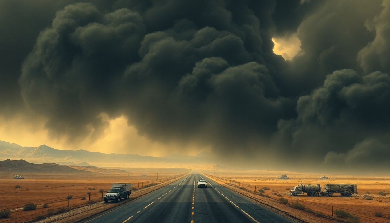 A vast, atmospheric landscape painting depicting a massive, swirling cloud of thick black smoke billowing across a desolate desert highway, dwarfing the small, indistinct shapes of vehicles trapped in the haze, conveying the overwhelming, sublime power of nature.