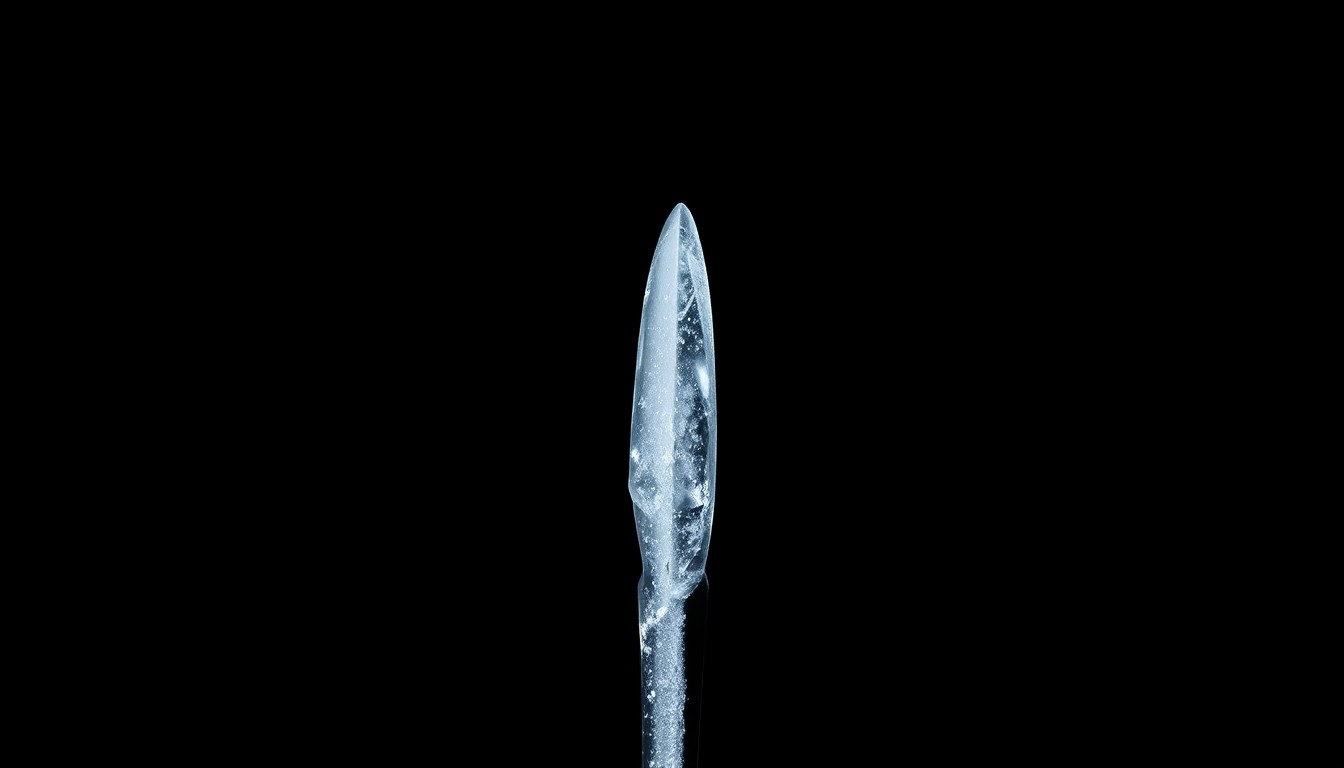 An extreme close-up photograph of an ice pick, its sharp point and metallic texture dramatically illuminated by a harsh, direct camera flash against a pitch-black background, conceptually representing the violence of the stabbing incident.
