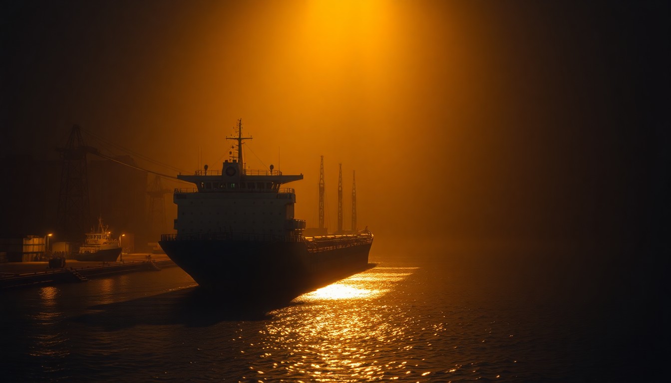 A dimly lit, cinematic painting of a solitary oil tanker ship docked in an urban harbor, with warm sunlight and deep shadows creating a sense of quiet tension and uncertainty.