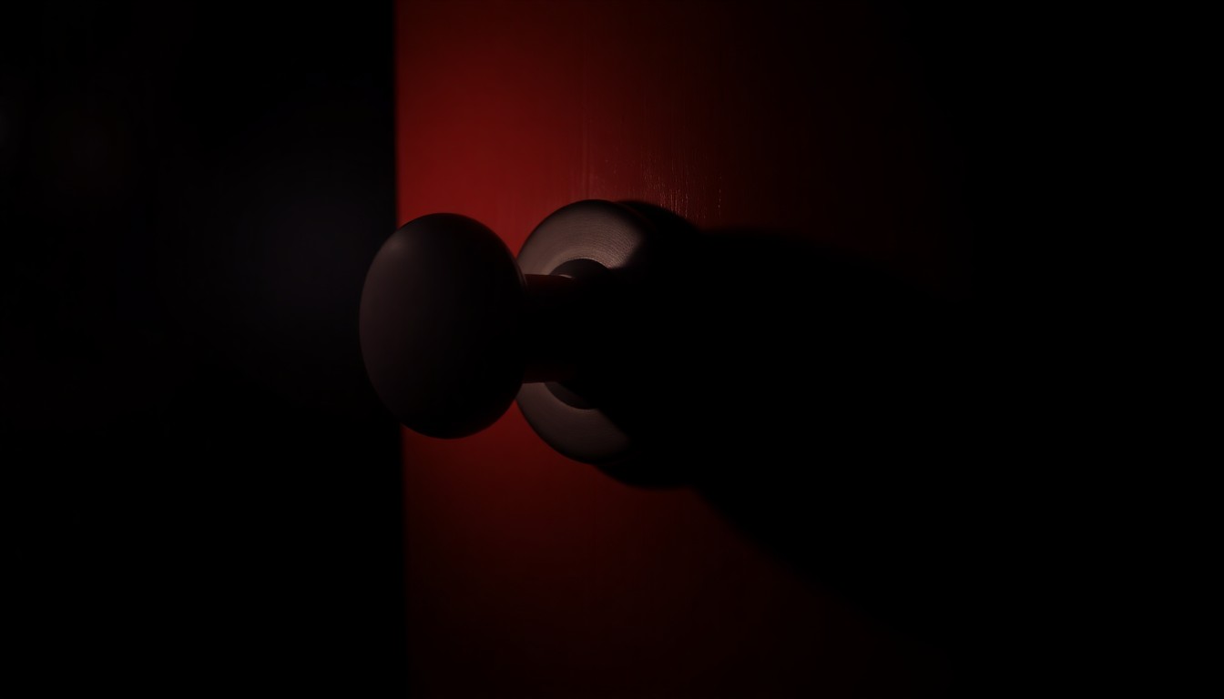 An extreme close-up photograph of a classroom doorknob, lit by a harsh flash against a pitch-black background, conceptually representing the investigation into the alleged incident.