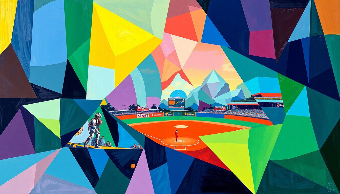 A fragmented, geometric painting depicting the dynamic movements and energy of a college softball game, with sharp planes of color representing the official team colors of the competing schools.