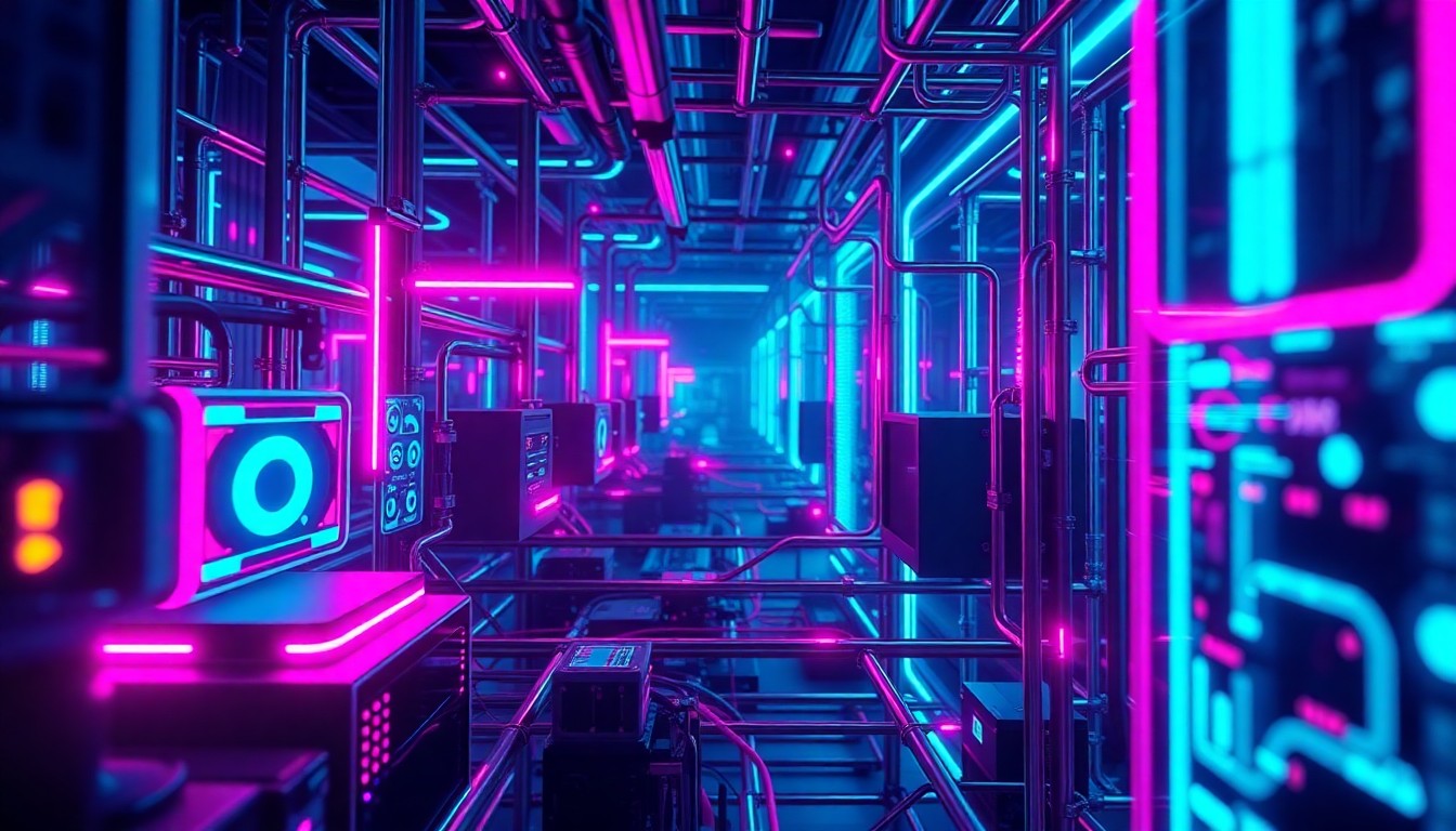 A highly detailed, glowing 3D illustration of futuristic technology infrastructure, with neon cyan and magenta lights illuminating the complex hardware, representing the growing divide over artificial intelligence and its impact on society.