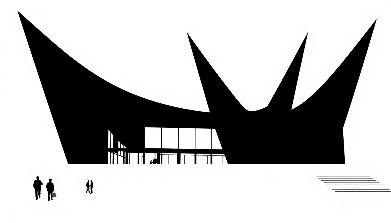 An abstract, minimalist illustration featuring sharp, angular black shapes against a plain white background, conceptually representing the architectural forms of the new LACMA building.