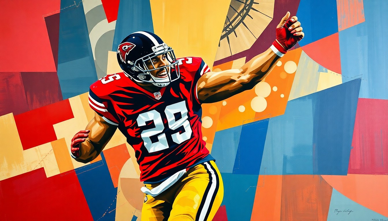 A cubist, geometric painting depicting a football player in mid-celebration, their body broken down into sharp, overlapping planes of crimson, navy, and gold, capturing the raw energy and power of an elite pass rusher.