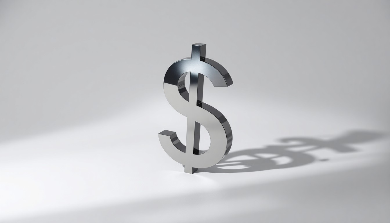 A high-contrast, minimalist studio photograph featuring a polished metal sculpture in the shape of a dollar sign, casting dramatic shadows on a clean, monochromatic background to represent the financial impact of construction on local businesses.