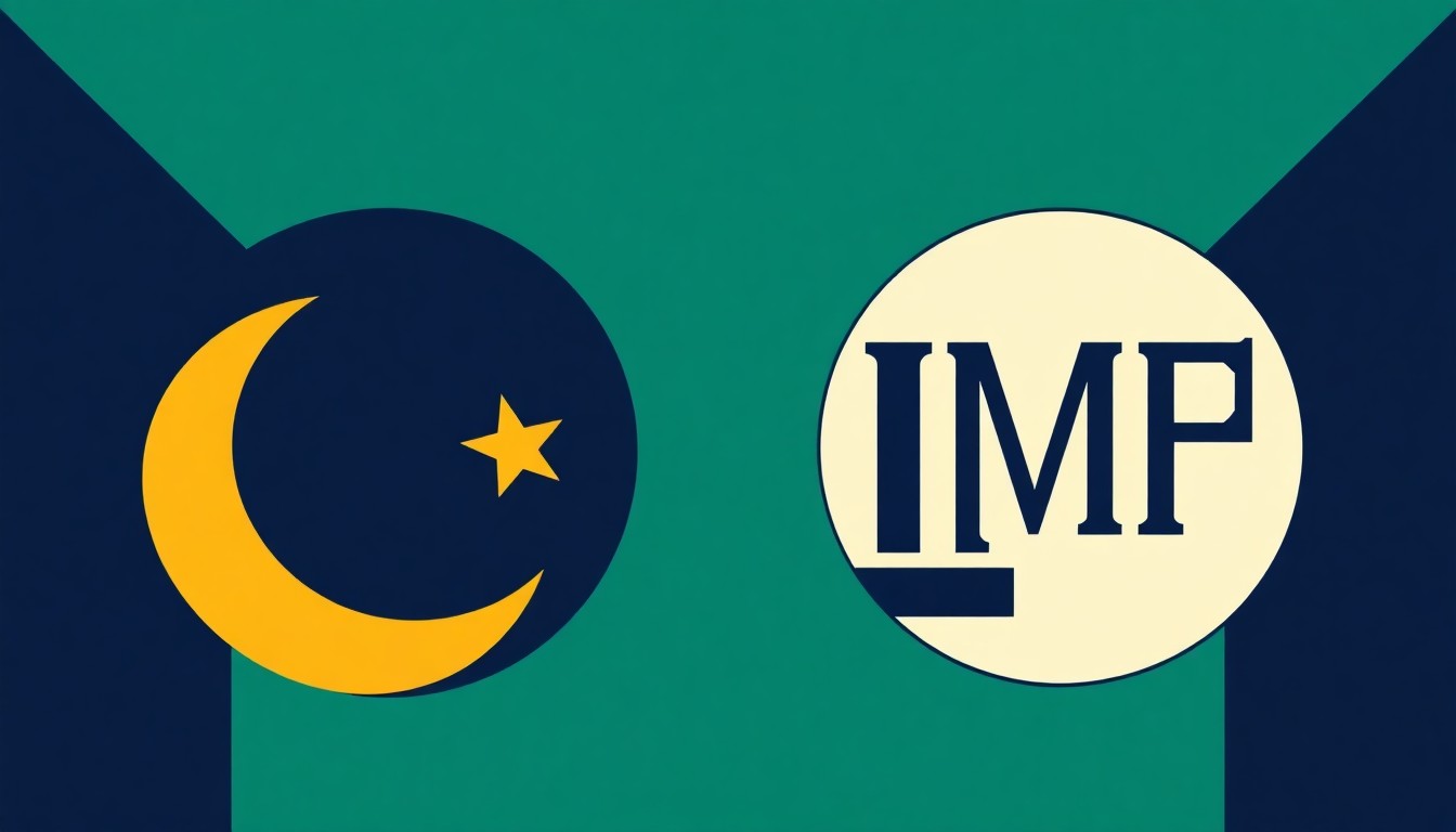 A geometric abstract illustration featuring overlapping triangles and rectangles in shades of navy, teal, and gold, conceptually representing the complex financial relationship between Pakistan and the IMF.