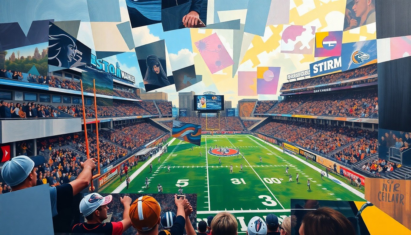 A cubist, geometric painting depicting a football game in motion, with players and the field broken down into overlapping, angular shapes and planes in a vibrant color palette.