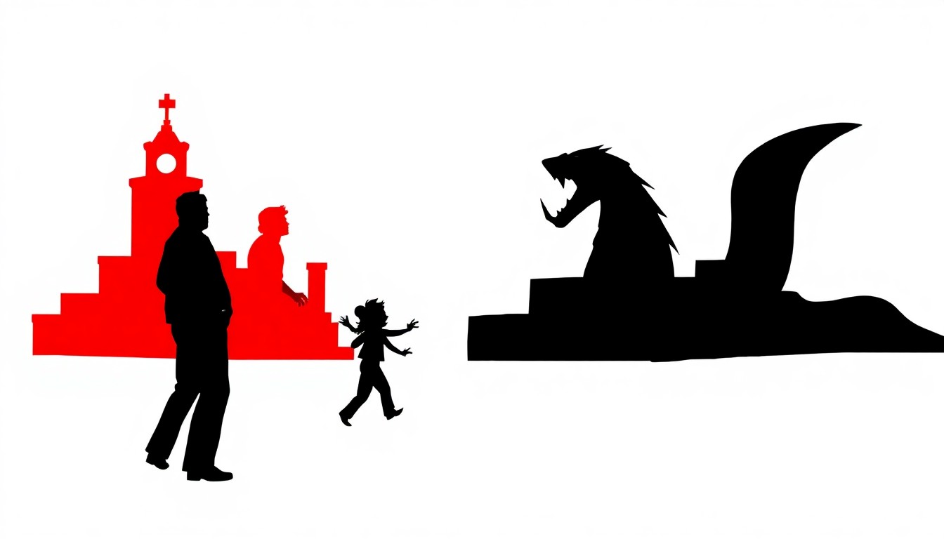 An extreme graphic design of jagged, interlocking black shapes against a bright red background, conceptually representing the combination of two major film studios.