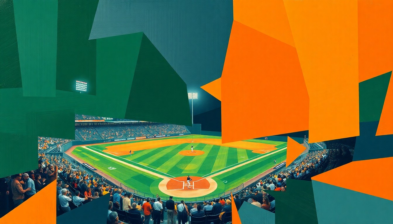 A vibrant, geometric painting in shades of orange, blue, and green, breaking down a baseball game into sharp, overlapping planes to capture the dynamic energy of the sport.