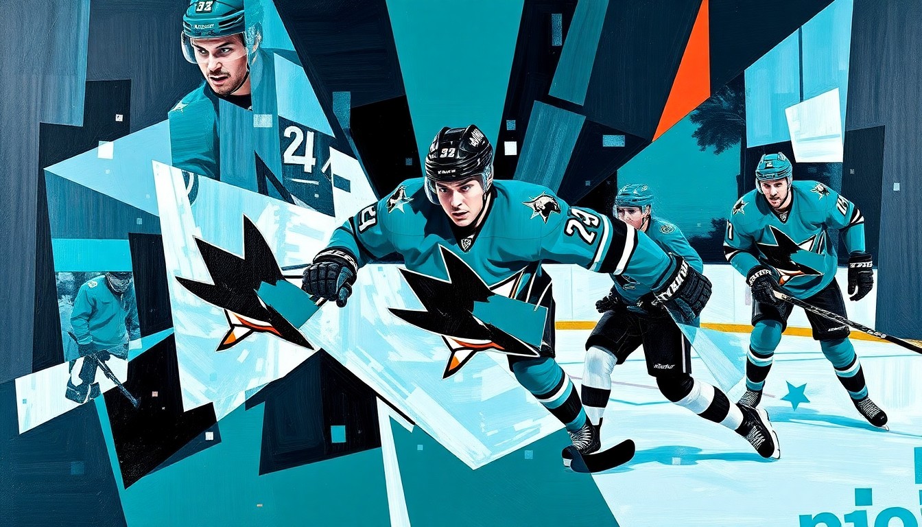 A cubist, geometric painting depicting a hockey player in motion, with sharp, overlapping planes of teal, black, and white representing the San Jose Sharks' uniform colors and the dynamic energy of the record-breaking performance.