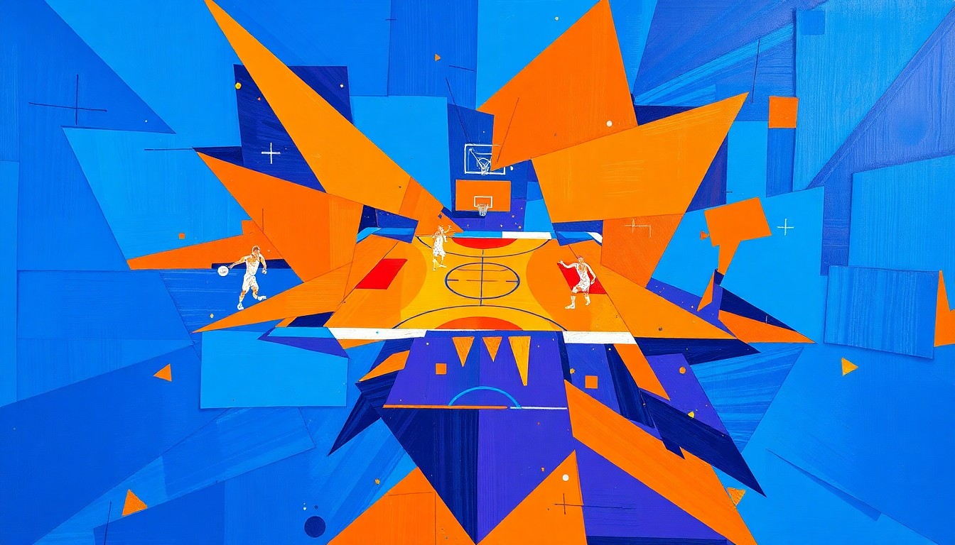 A fragmented, geometric painting depicting a basketball game or match, with sharp planes of royal blue, bright orange, and deep purple overlapping to create a dynamic, multi-perspective scene.