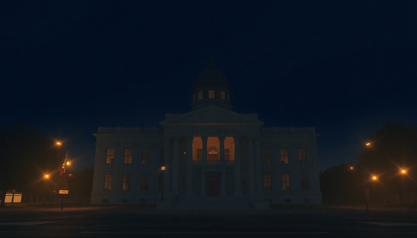 A serene, cinematic painting of the Los Angeles City Hall building, its grand architecture bathed in warm, golden light and deep shadows, conveying a sense of civic pride and nostalgia amidst the city's current challenges.