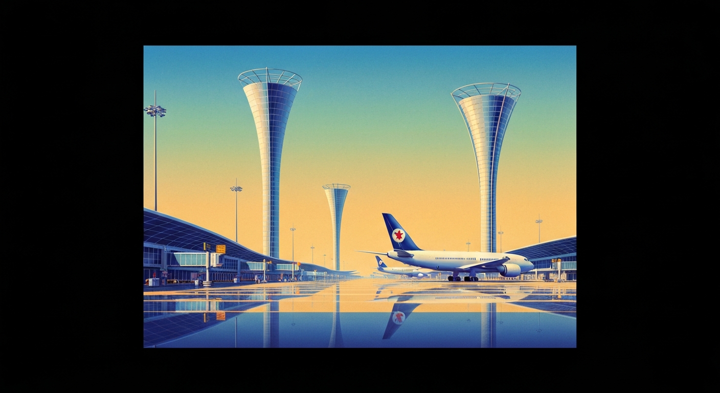 A bold, geometric illustration in the Art Deco style depicts the sweeping, streamlined architecture of the newly expanded Norfolk International Airport concourse, with towering forced perspectives and smooth gradients evoking the scale and romance of modern air travel.