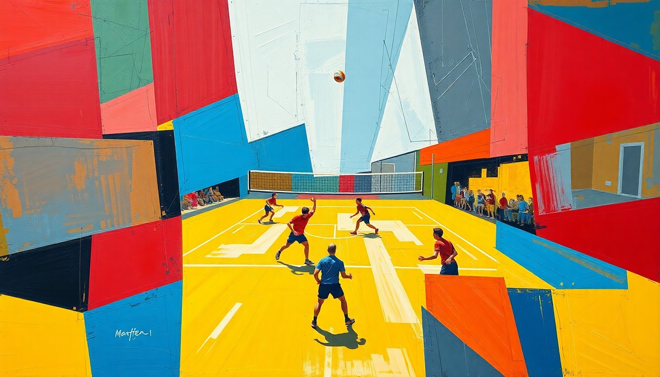 A cubist-style painting depicting a fragmented, geometric representation of a volleyball match or competition, with sharp, overlapping planes of vibrant colors like red, blue, and yellow, conveying the dynamic energy and strategic evolution of the Polish national team.