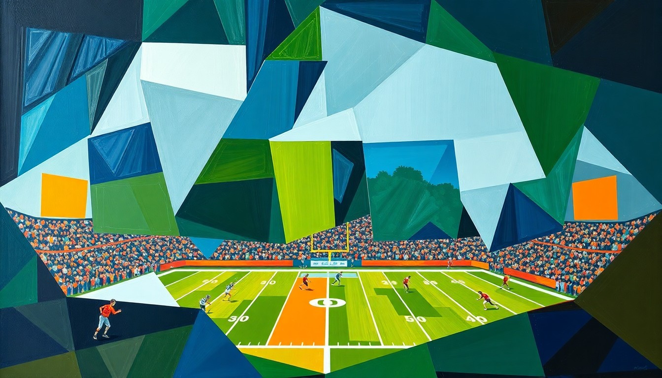 A fractured, cubist-style painting depicting the action and movement of a high school football game, with players and the field broken down into sharp, overlapping geometric shapes in a palette of navy, green, and orange.