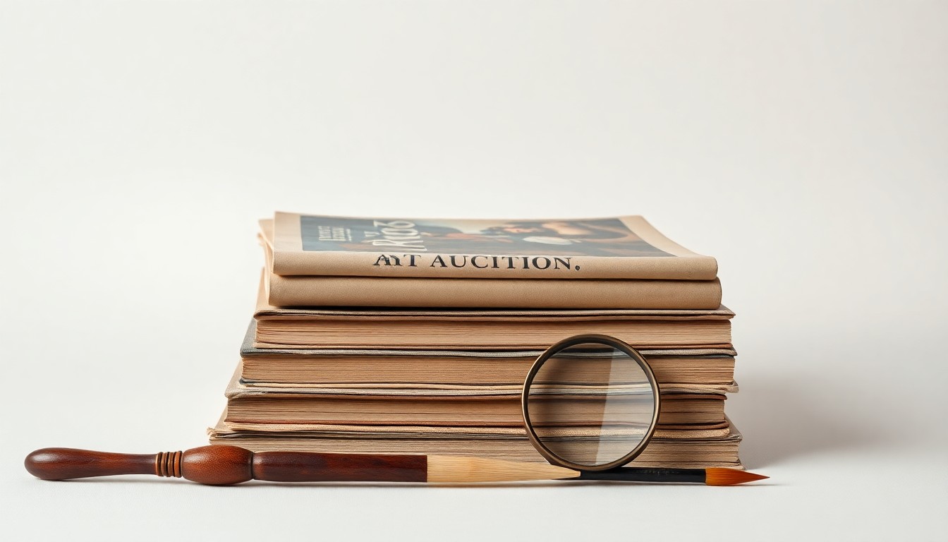 A minimalist studio still life featuring a stack of antique art auction catalogs, a vintage magnifying glass, and a single paintbrush, symbolizing the refined world of fine art auctions and the intimate connection between collectors, dealers, and the creative process.