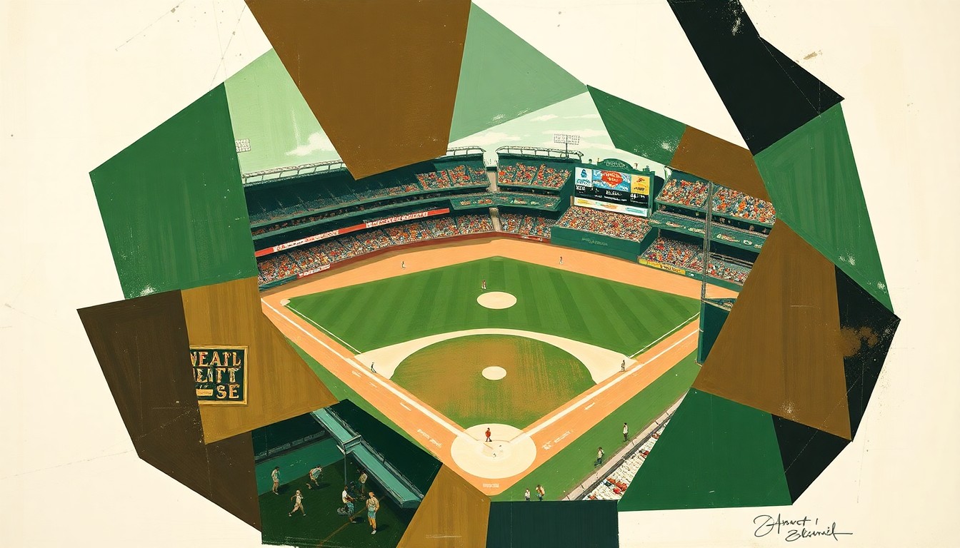 A cubist, geometric painting depicting a baseball game broken down into overlapping planes of green, brown, and white, conveying the tactical complexity of the sport.