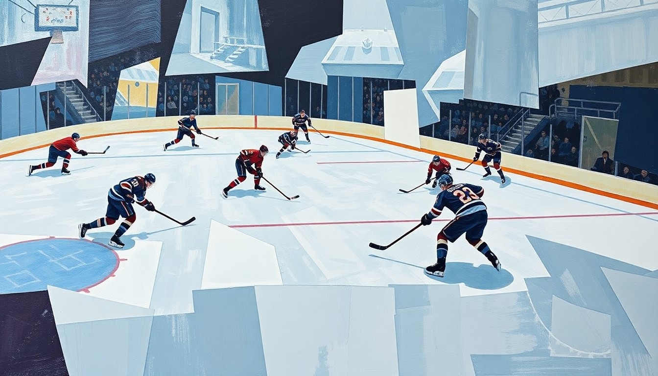 A fragmented, geometric painting depicting the chaotic action of a hockey game, with overlapping shapes and planes representing the players, puck, and ice.