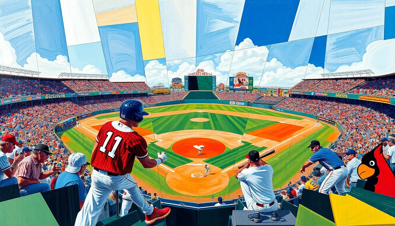 A fragmented, geometric painting in bright colors depicting a baseball game between two teams, with the players and field broken down into sharp, overlapping planes.